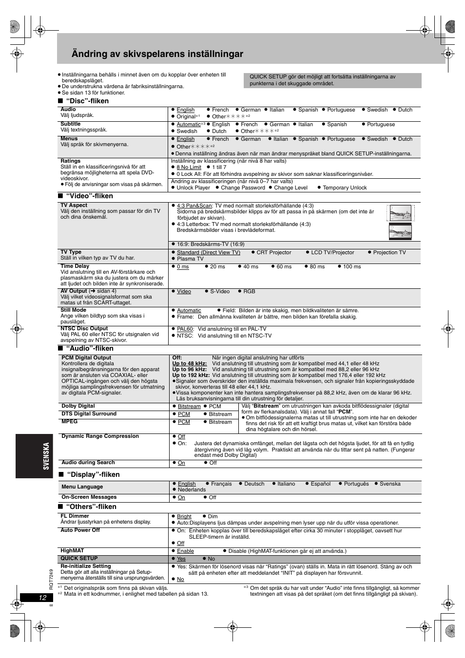 Ändring av skivspelarens inställningar | Panasonic DVDS47EG User Manual | Page 68 / 75