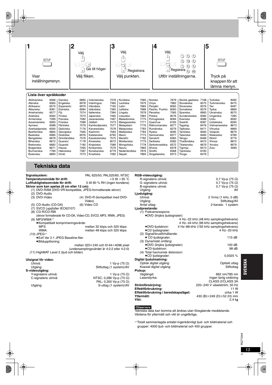 Tekniska data | Panasonic DVDS47EG User Manual | Page 69 / 75