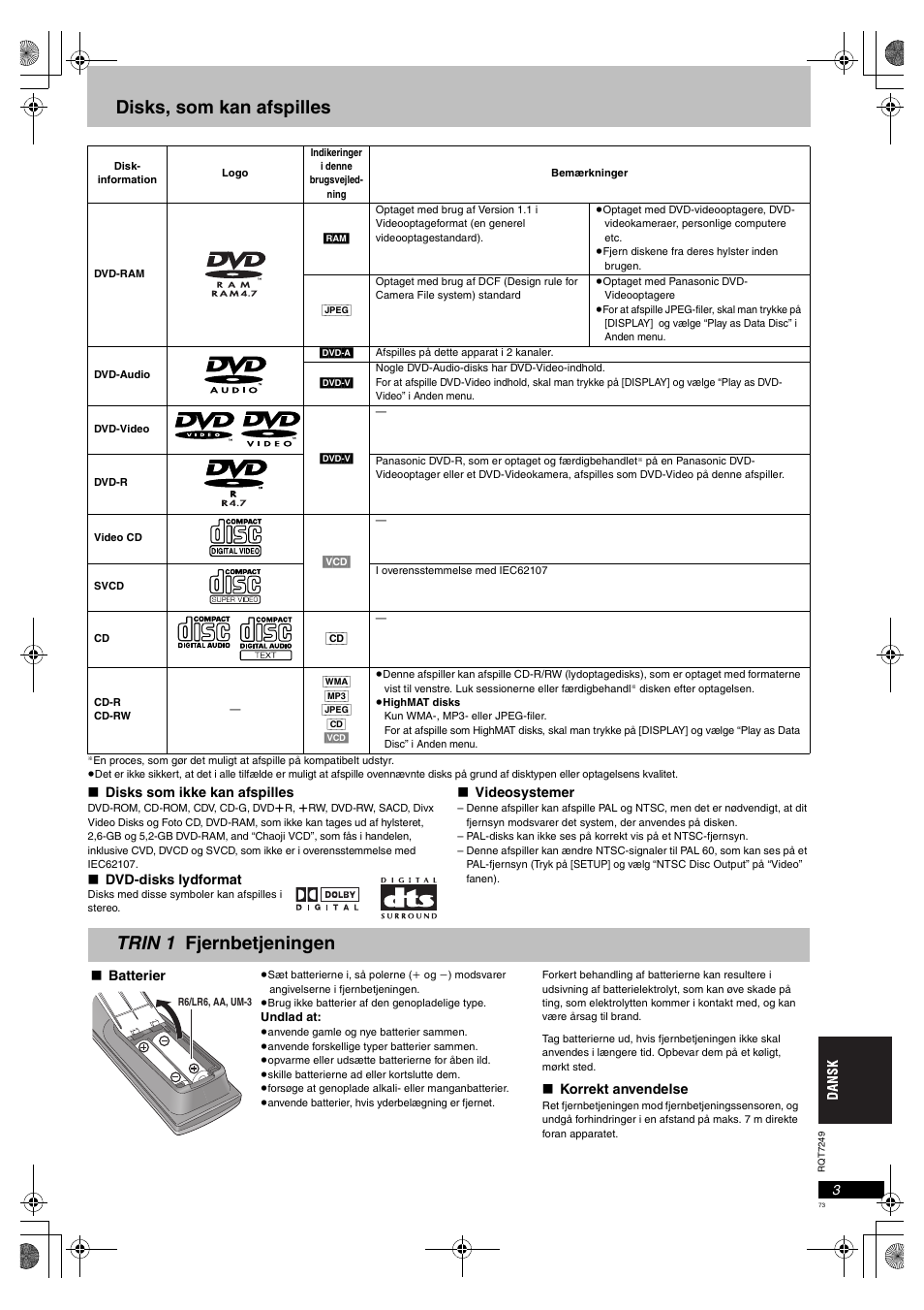 Disks, som kan afspilles, Trin 1 fjernbetjeningen | Panasonic DVDS47EG User Manual | Page 73 / 75