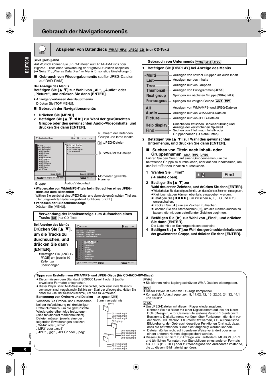 Gebrauch der navigationsmenüs, Find | Panasonic DVDS47EG User Manual | Page 8 / 75