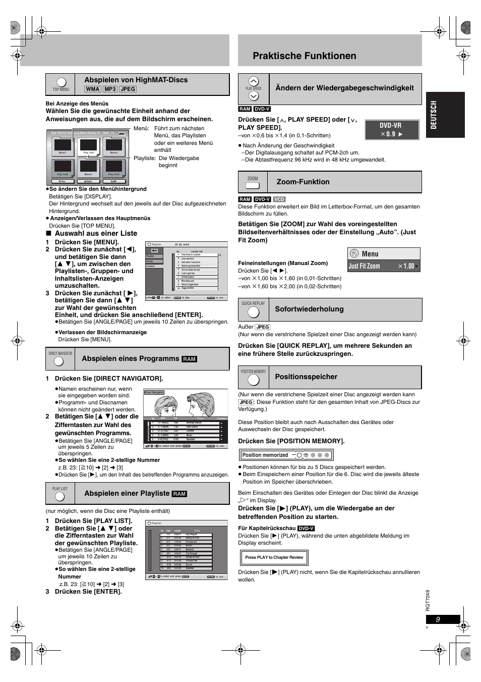 Praktische funktionen, Auswahl aus einer liste, Abspielen von highmat-discs | Abspielen eines programms, Abspielen einer playliste, Menu just fit zoom, Dvd-vr  0.9, 1 drücken sie [direct navigator, 3 drücken sie [enter, Wma] [mp3] [jpeg | Panasonic DVDS47EG User Manual | Page 9 / 75