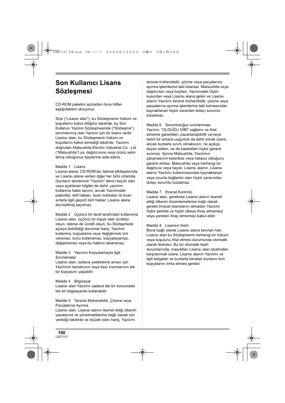 Son kullanıcı lisans sözleşmesi | Panasonic VDRD310EG User Manual | Page 100 / 124