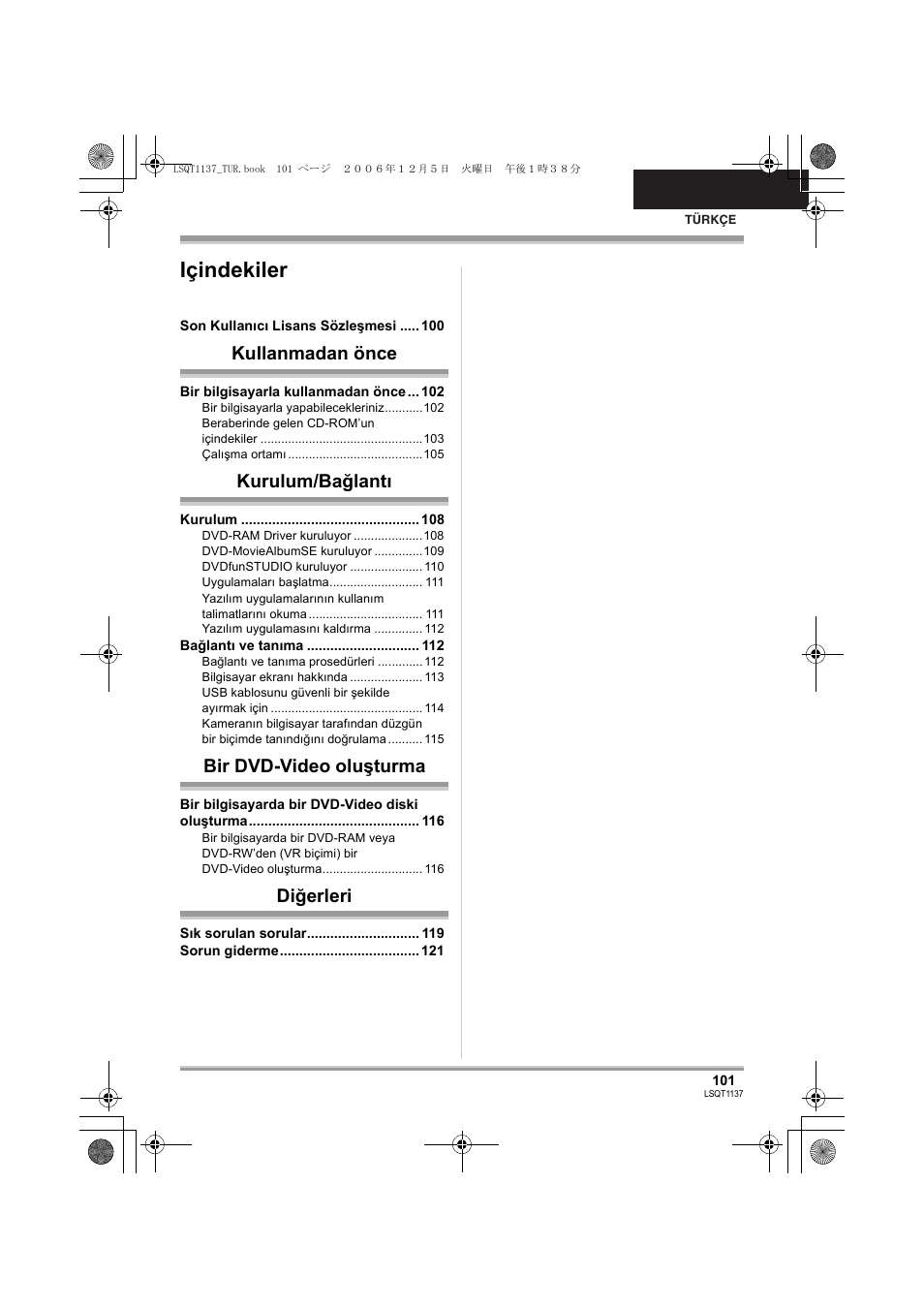 Içindekiler, Kullanmadan önce, Kurulum/bağlantı | Bir dvd-video oluşturma, Diğerleri | Panasonic VDRD310EG User Manual | Page 101 / 124