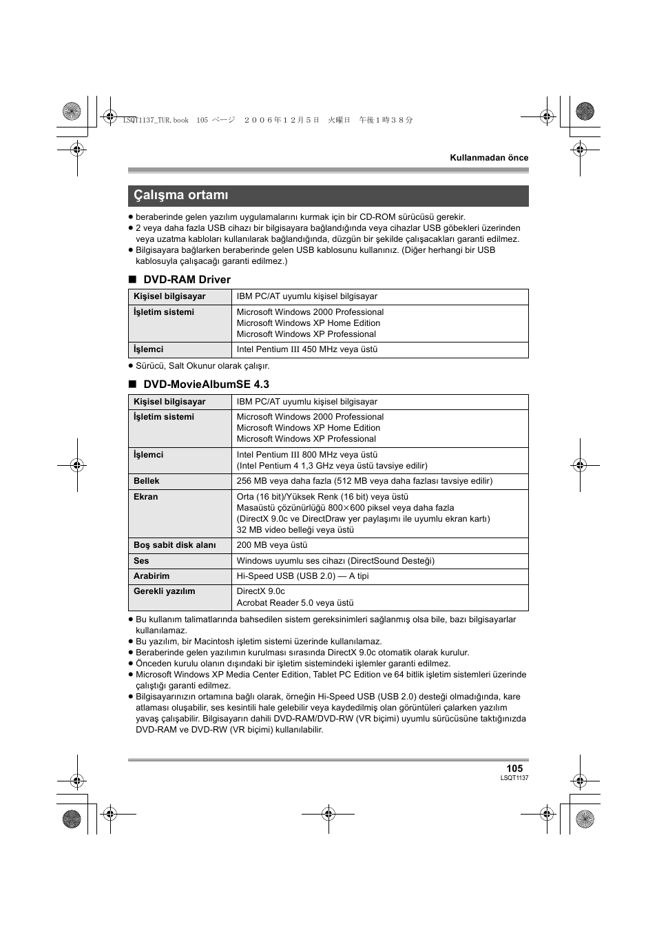 Çalışma ortamı | Panasonic VDRD310EG User Manual | Page 105 / 124
