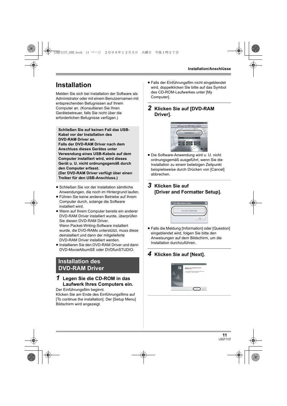 Installation, Installation des dvd-ram driver | Panasonic VDRD310EG User Manual | Page 11 / 124