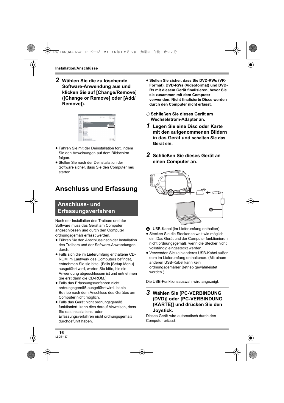 Anschluss und erfassung, Anschluss- und erfassungsverfahren | Panasonic VDRD310EG User Manual | Page 16 / 124
