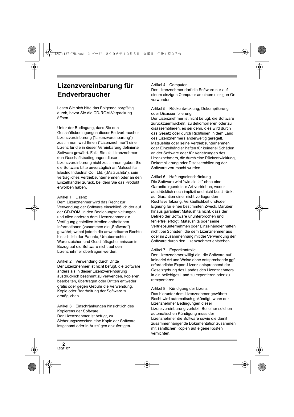 Lizenzvereinbarung für endverbraucher | Panasonic VDRD310EG User Manual | Page 2 / 124