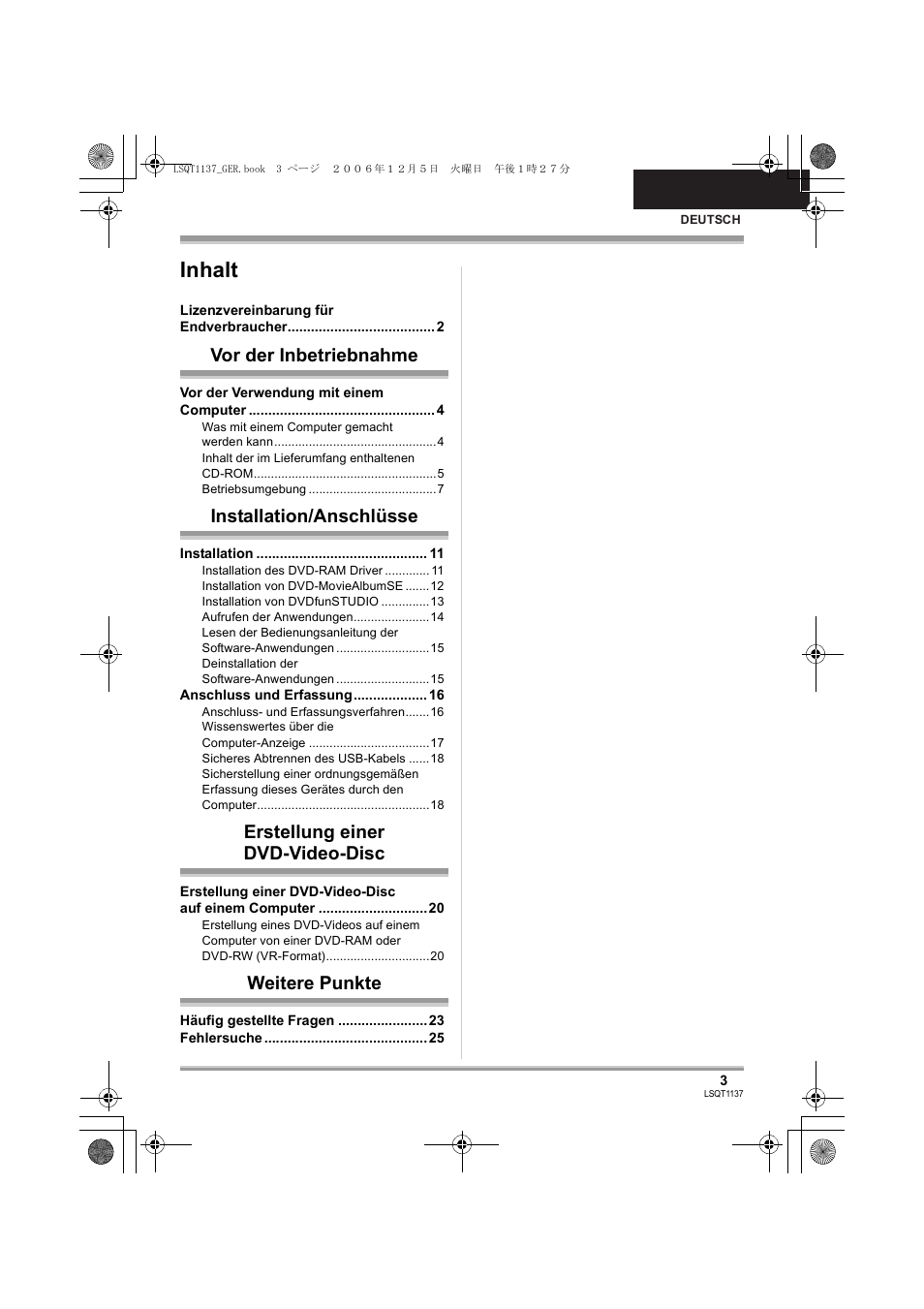Inhalt, Vor der inbetriebnahme, Installation/anschlüsse | Erstellung einer dvd-video-disc, Weitere punkte | Panasonic VDRD310EG User Manual | Page 3 / 124