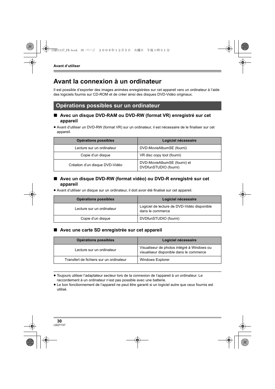 Avant la connexion à un ordinateur, Opérations possibles sur un ordinateur | Panasonic VDRD310EG User Manual | Page 30 / 124
