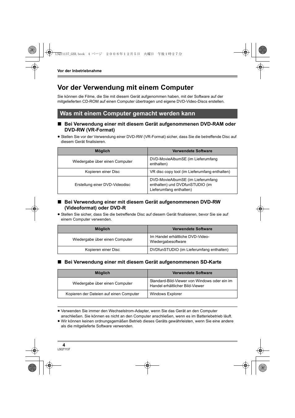 Vor der verwendung mit einem computer, Was mit einem computer gemacht werden kann | Panasonic VDRD310EG User Manual | Page 4 / 124