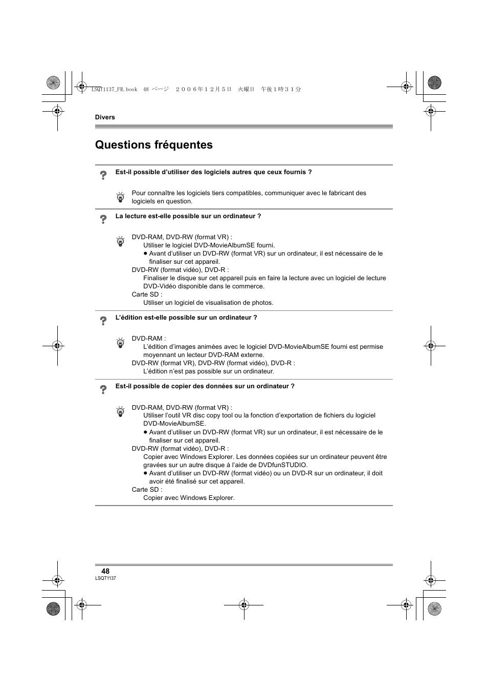 Questions fréquentes | Panasonic VDRD310EG User Manual | Page 48 / 124