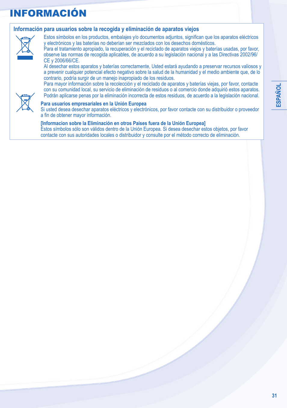 Información | Panasonic WHSXC12D6E51 User Manual | Page 31 / 92