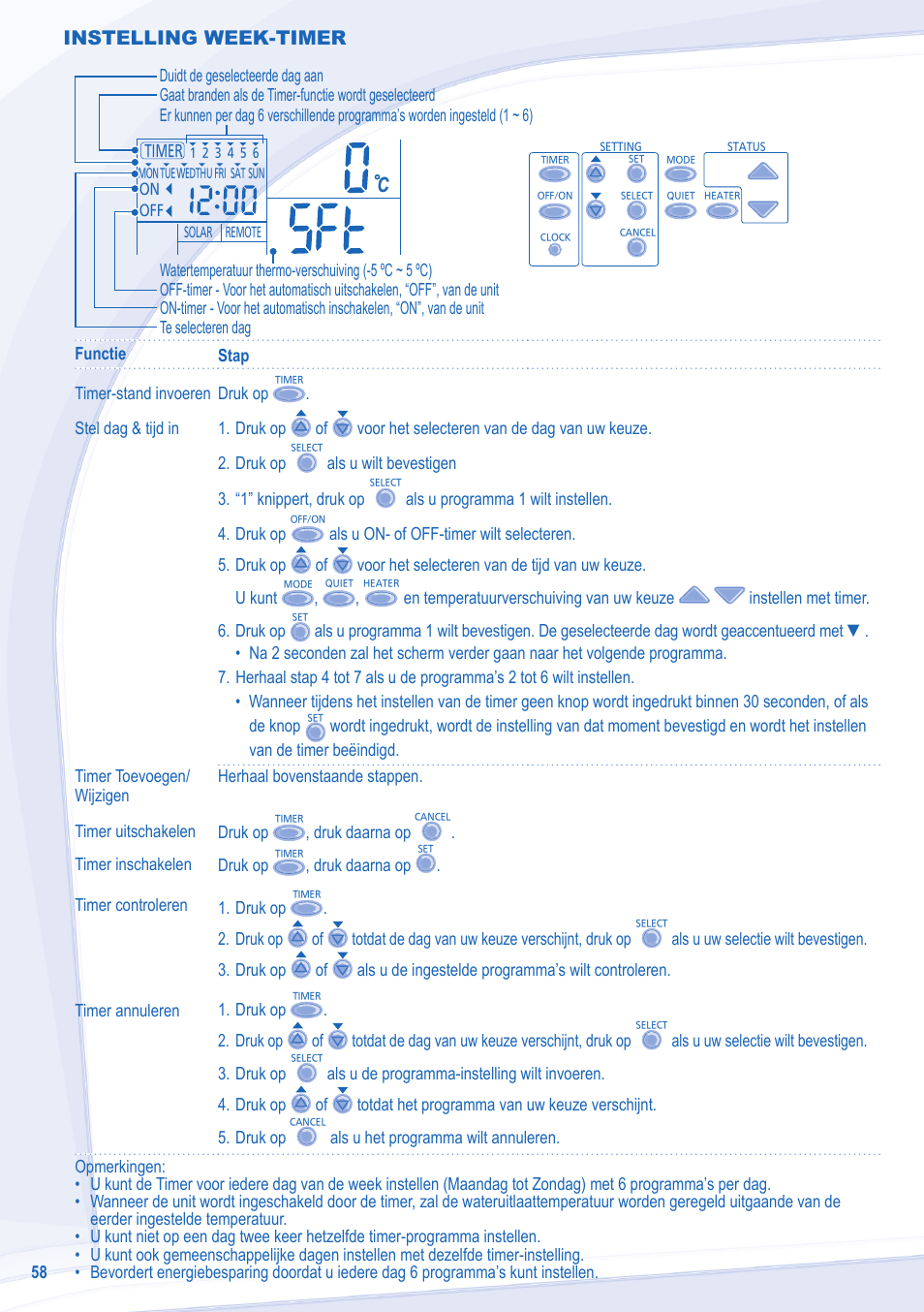 Instelling week-timer | Panasonic WHSXC12D6E51 User Manual | Page 58 / 92