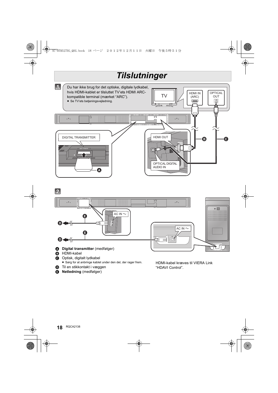 Tilslutninger | Panasonic SCHTB527EG User Manual | Page 18 / 24