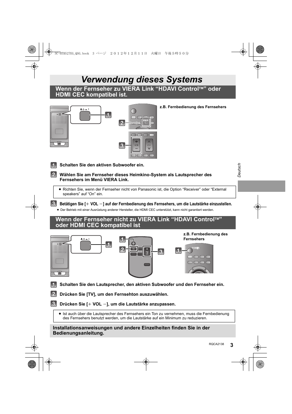 Verwendung dieses systems, Wenn der fernseher zu viera link “hdavi control, Oder hdmi cec kompatibel ist | Panasonic SCHTB527EG User Manual | Page 3 / 24