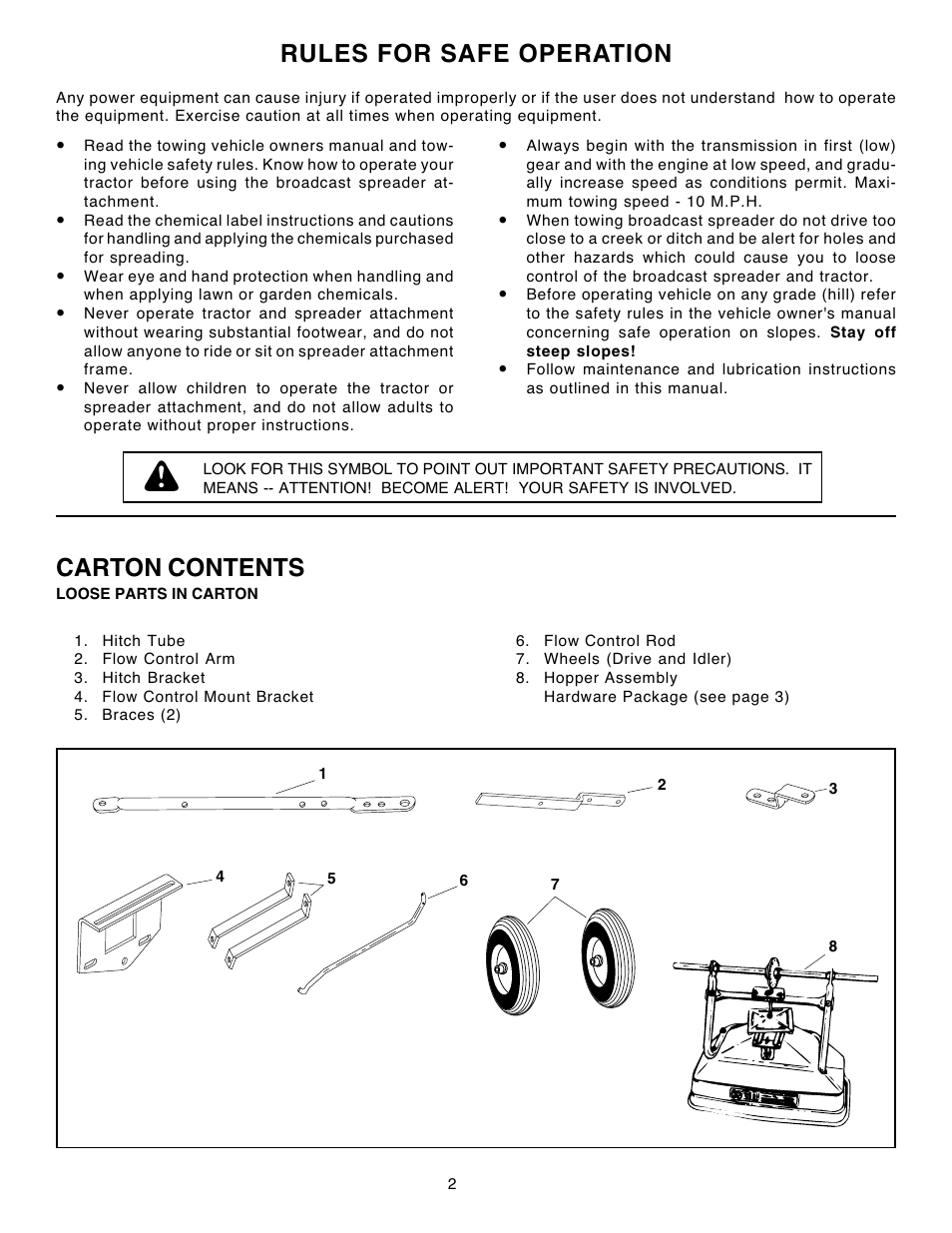 Rules for safe operation, Carton contents | Agri-Fab 45-02152 User Manual | Page 2 / 12