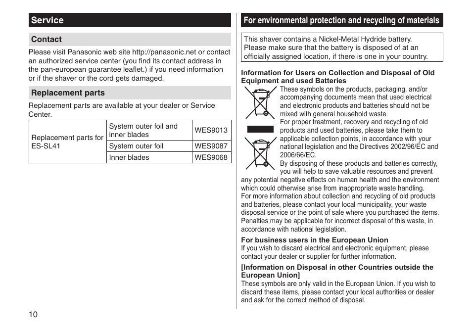 Service | Panasonic ESSL41 User Manual | Page 10 / 138