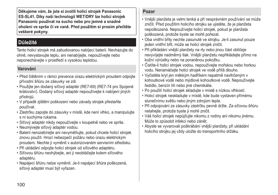 Důležité | Panasonic ESSL41 User Manual | Page 100 / 138