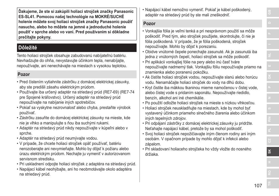 Dôležité | Panasonic ESSL41 User Manual | Page 107 / 138