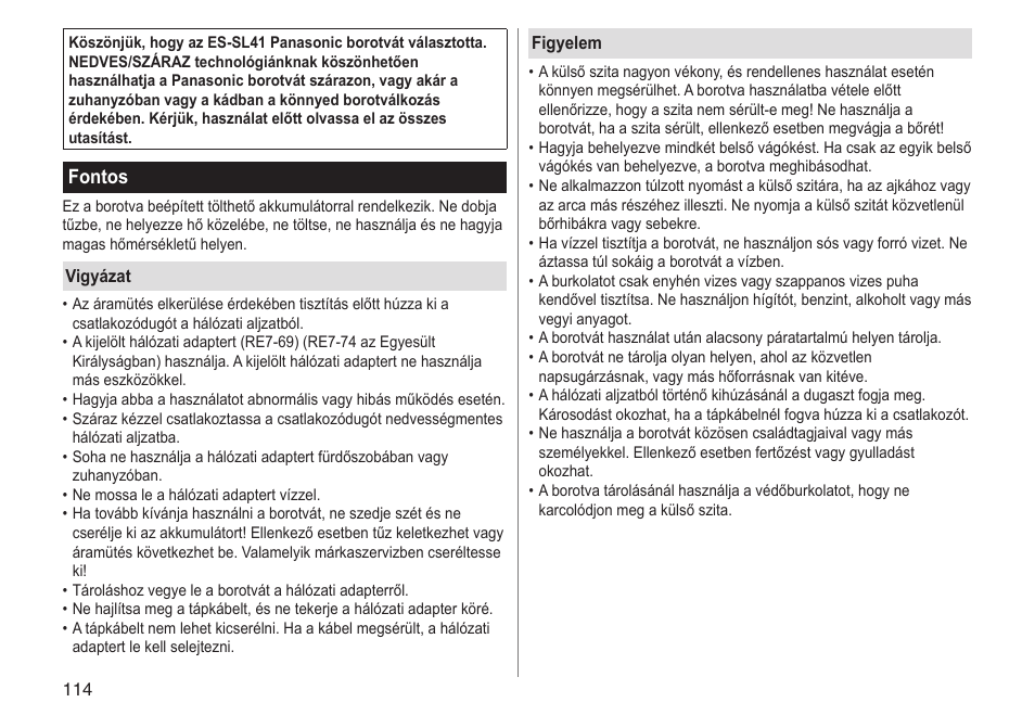 Fontos | Panasonic ESSL41 User Manual | Page 114 / 138