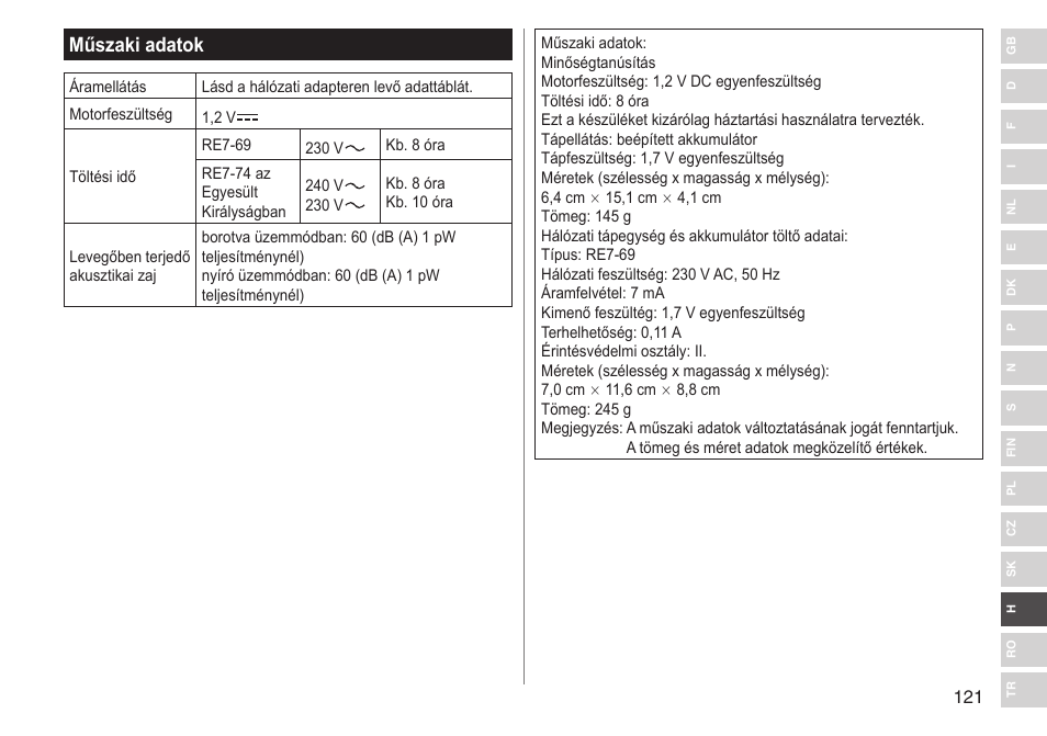 Műszaki adatok | Panasonic ESSL41 User Manual | Page 121 / 138