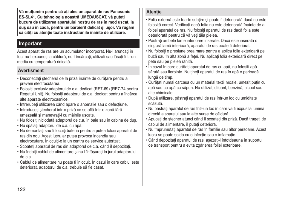 Important | Panasonic ESSL41 User Manual | Page 122 / 138