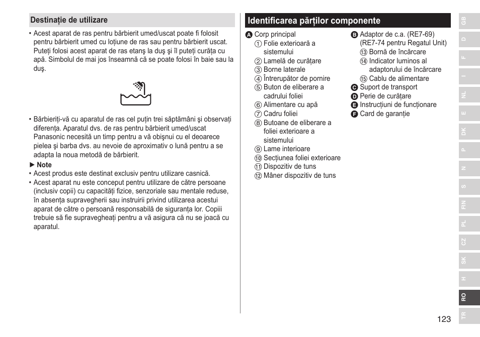 Identificarea părţilor componente | Panasonic ESSL41 User Manual | Page 123 / 138