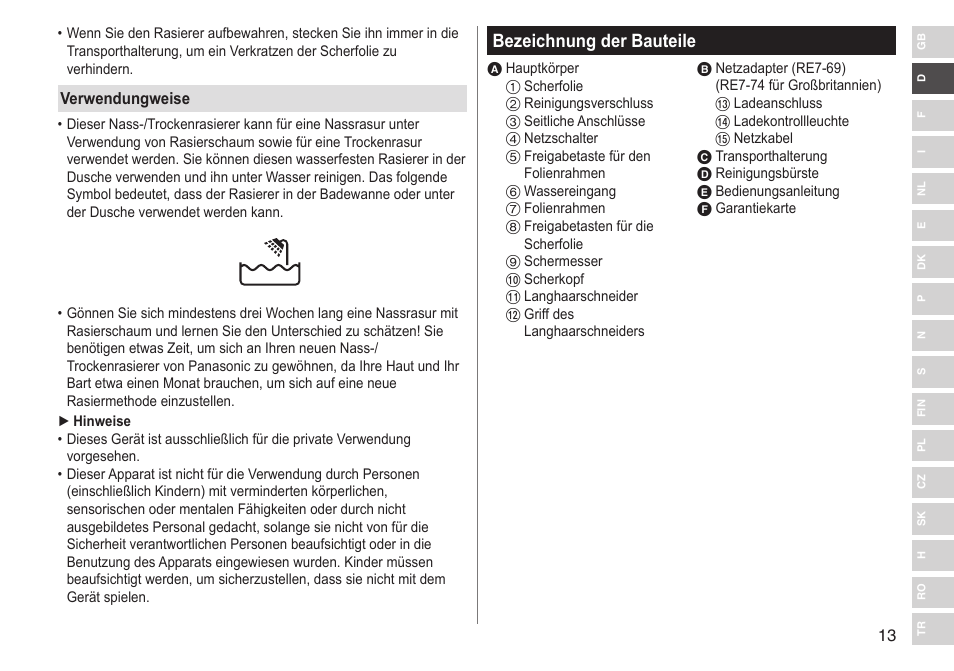 Bezeichnung der bauteile | Panasonic ESSL41 User Manual | Page 13 / 138