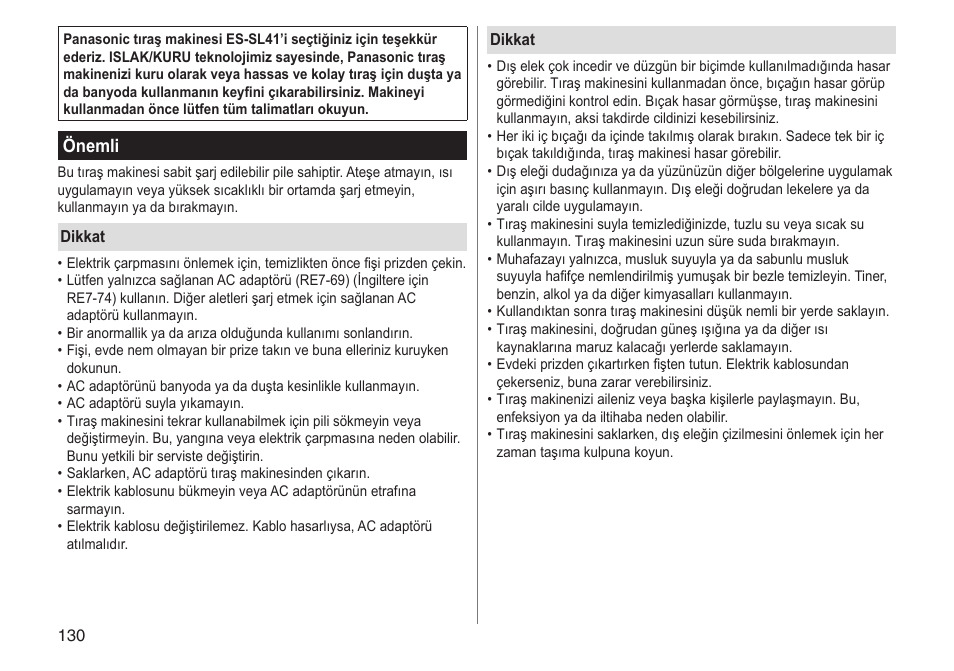 Önemli | Panasonic ESSL41 User Manual | Page 130 / 138