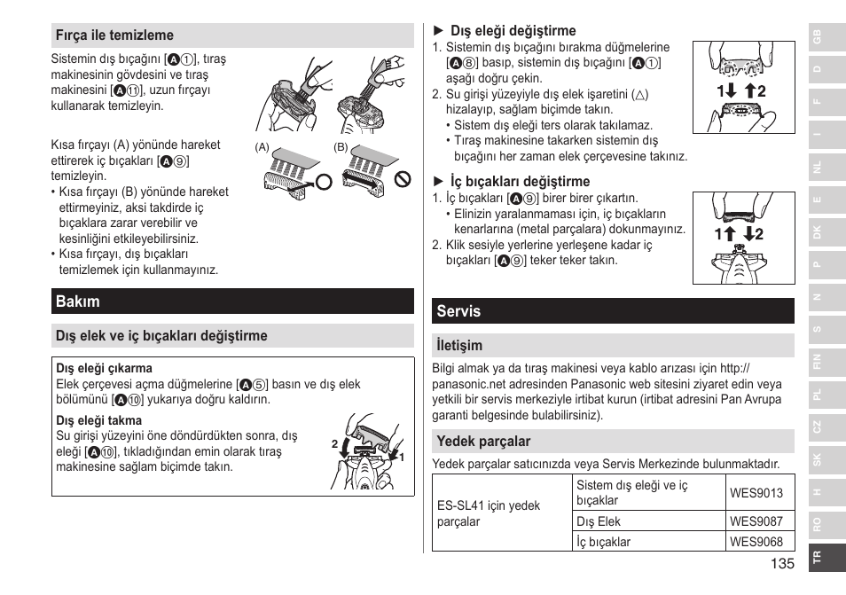 Bakım, Servis | Panasonic ESSL41 User Manual | Page 135 / 138