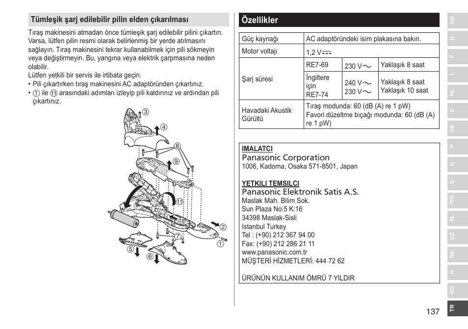 Özellikler | Panasonic ESSL41 User Manual | Page 137 / 138