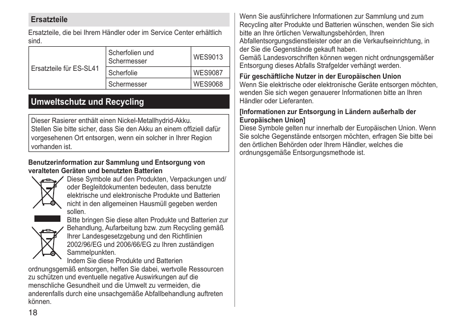 Umweltschutz und recycling | Panasonic ESSL41 User Manual | Page 18 / 138