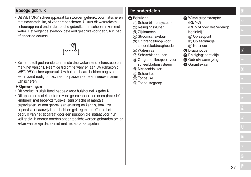 De onderdelen | Panasonic ESSL41 User Manual | Page 37 / 138