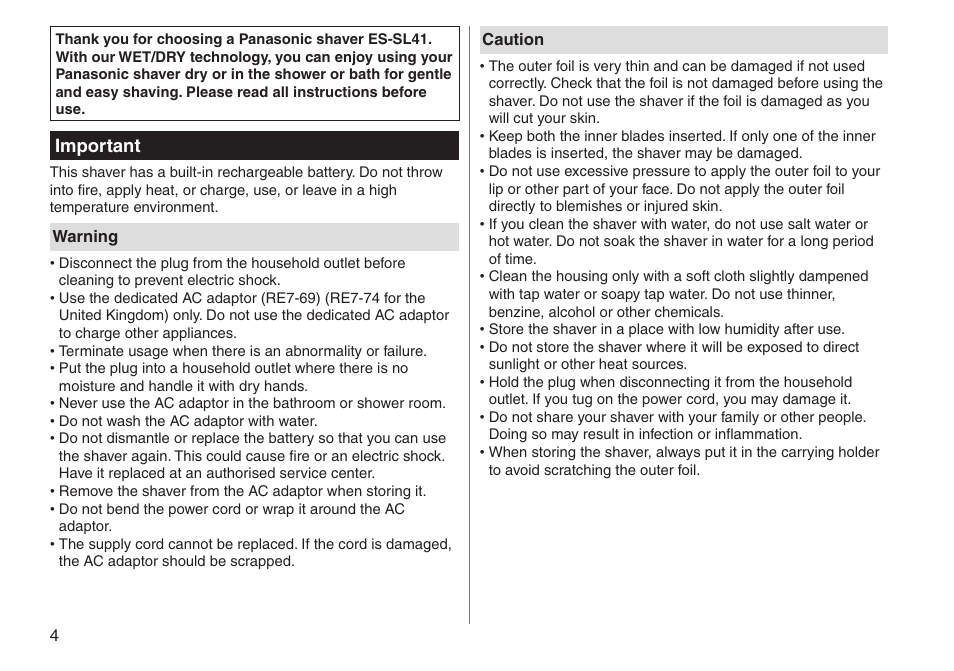 Important | Panasonic ESSL41 User Manual | Page 4 / 138