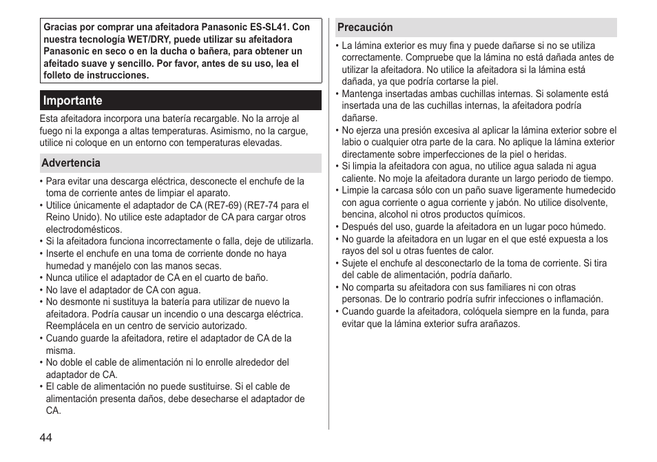 Importante | Panasonic ESSL41 User Manual | Page 44 / 138