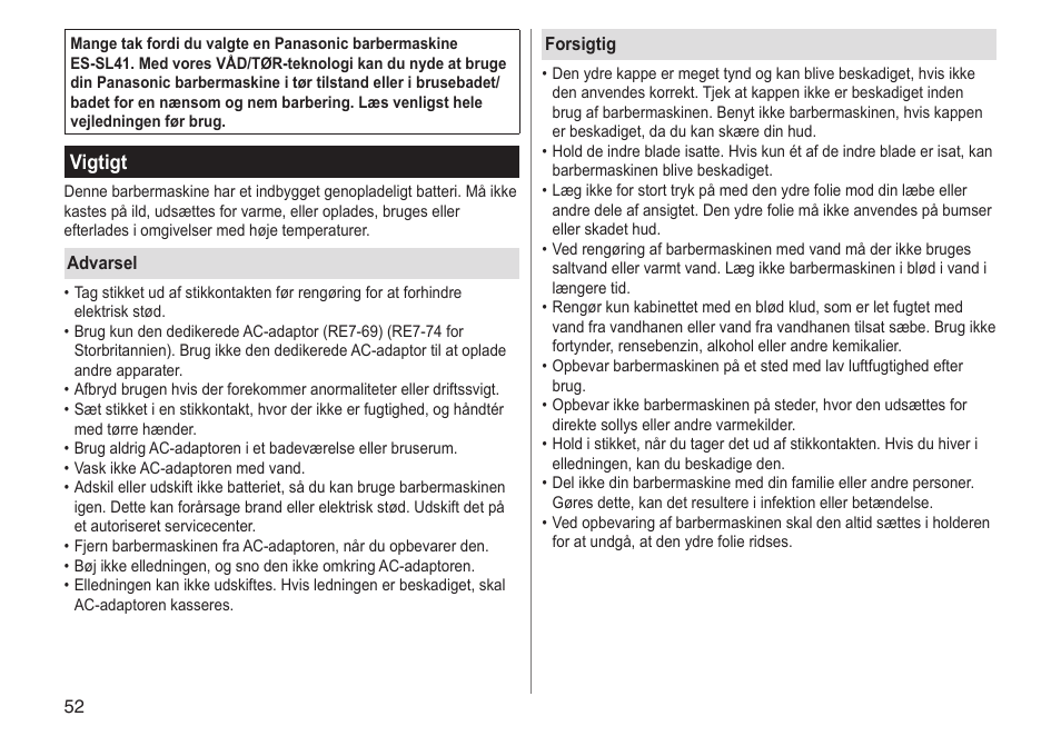 Vigtigt | Panasonic ESSL41 User Manual | Page 52 / 138