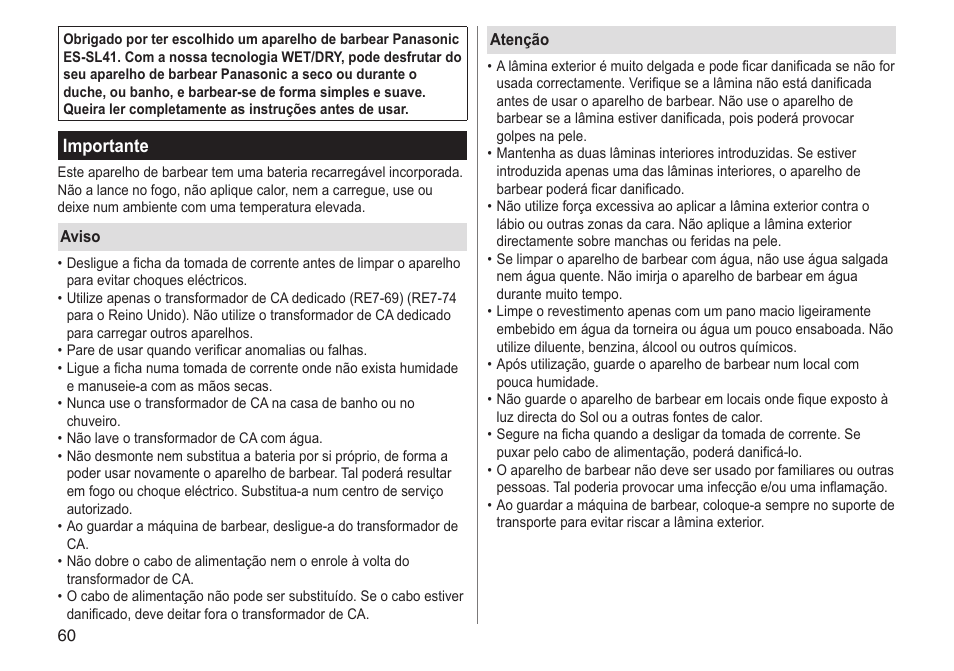 Importante | Panasonic ESSL41 User Manual | Page 60 / 138