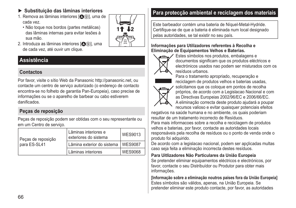 Assistência | Panasonic ESSL41 User Manual | Page 66 / 138