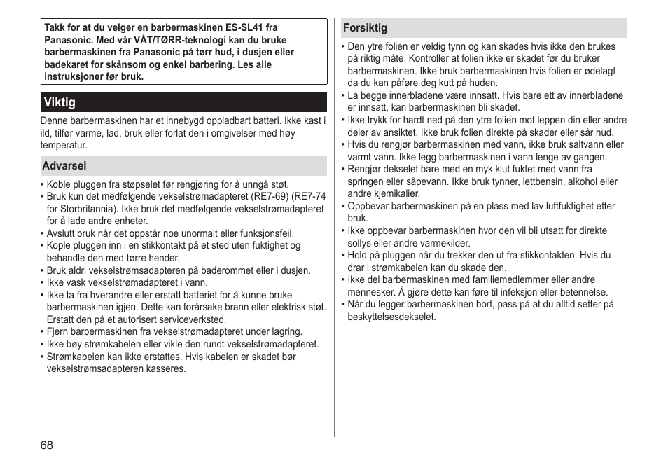 Viktig | Panasonic ESSL41 User Manual | Page 68 / 138