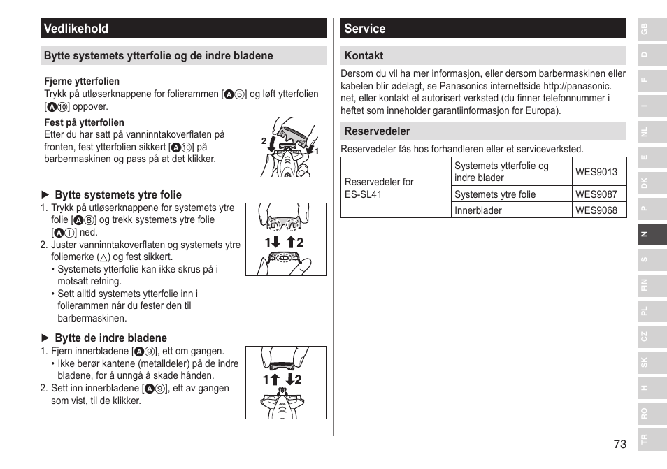 Vedlikehold, Service | Panasonic ESSL41 User Manual | Page 73 / 138