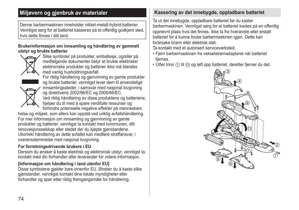 Miljøvern og gjenbruk av materialer | Panasonic ESSL41 User Manual | Page 74 / 138