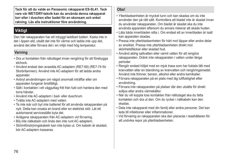 Viktigt | Panasonic ESSL41 User Manual | Page 76 / 138