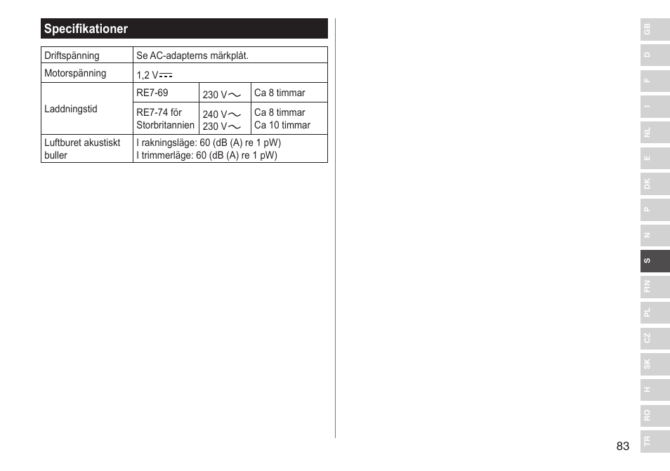 Specifikationer | Panasonic ESSL41 User Manual | Page 83 / 138