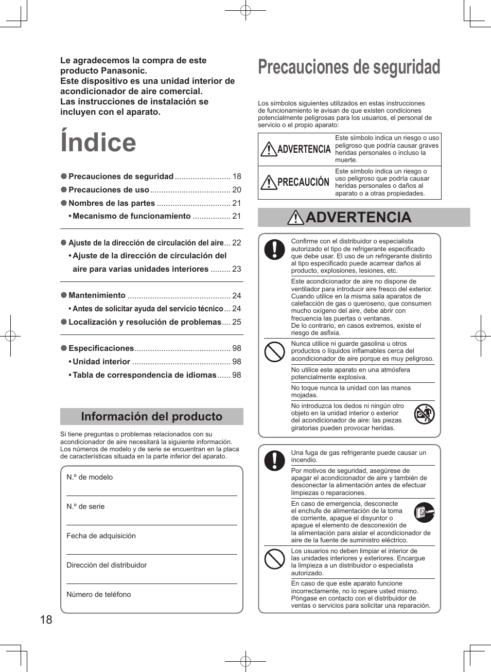 Índice, Precauciones de seguridad, Información del producto | Advertencia, Precaución | Panasonic S45MK1E5A User Manual | Page 18 / 102
