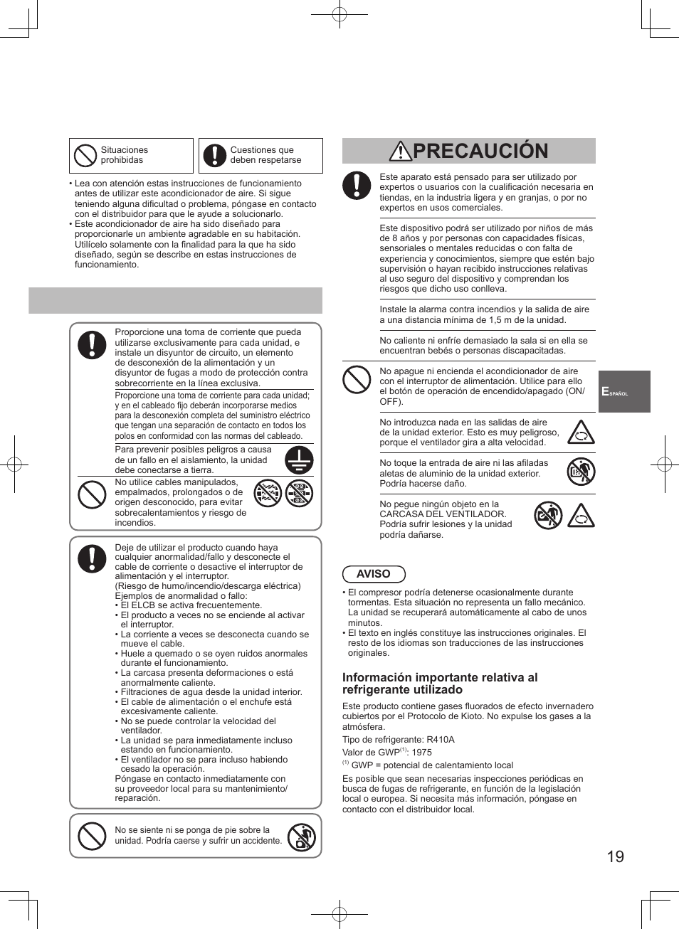 Precaución | Panasonic S45MK1E5A User Manual | Page 19 / 102