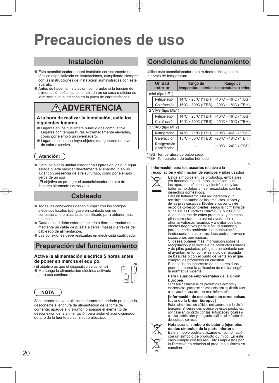 Precauciones de uso, Advertencia, Instalación | Cableado, Preparación del funcionamiento, Condiciones de funcionamiento | Panasonic S45MK1E5A User Manual | Page 20 / 102