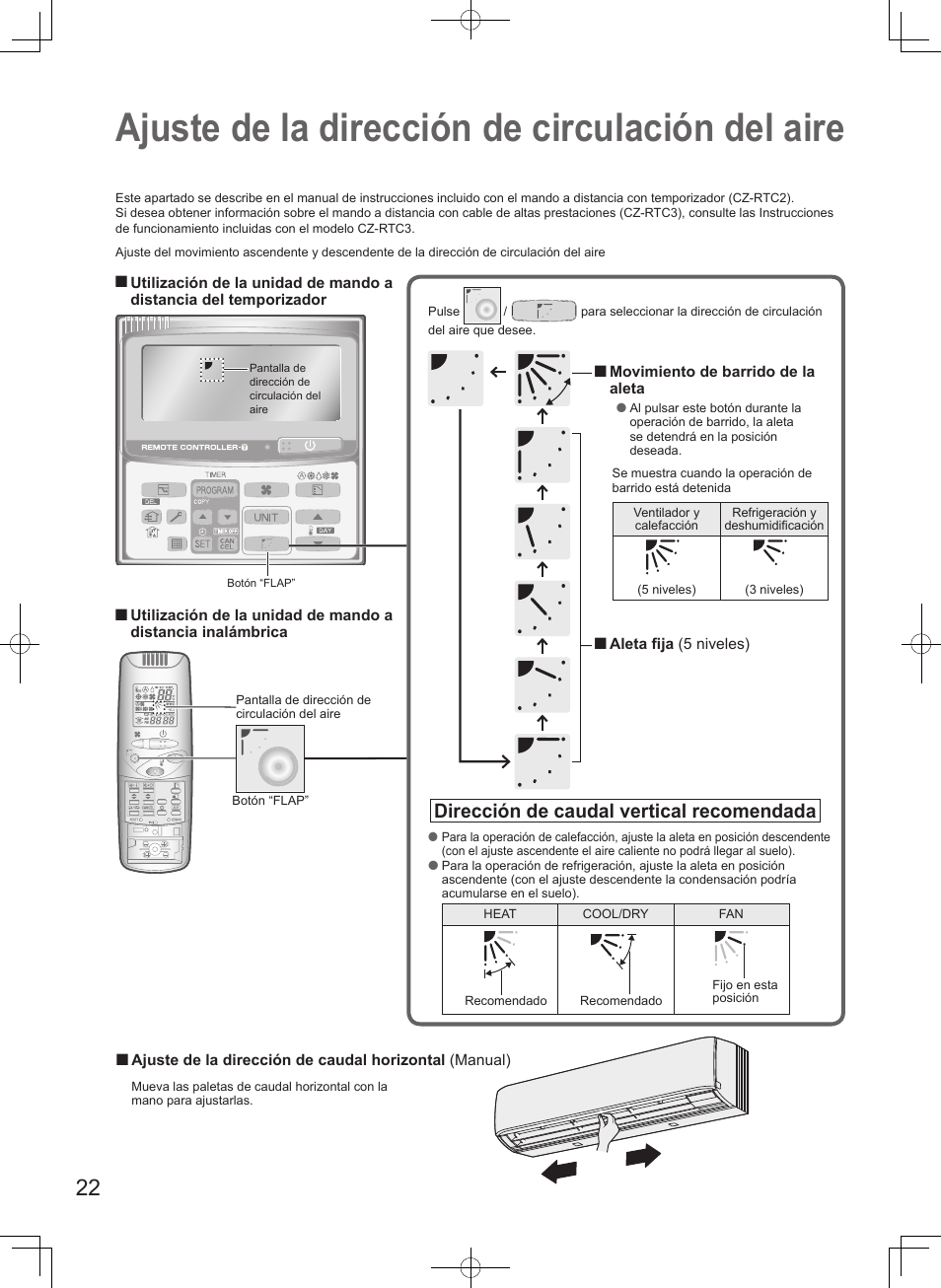 Ajuste de la dirección de circulación del aire, Dirección de caudal vertical recomendada | Panasonic S45MK1E5A User Manual | Page 22 / 102