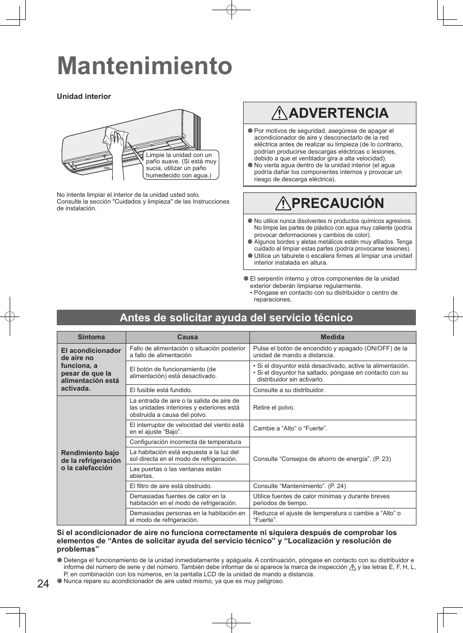 Mantenimiento, Advertencia, Precaución | Antes de solicitar ayuda del servicio técnico | Panasonic S45MK1E5A User Manual | Page 24 / 102