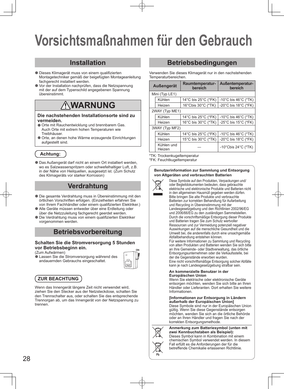 Vorsichtsmaßnahmen für den gebrauch, Warnung, Installation | Verdrahtung, Betriebsvorbereitung, Betriebsbedingungen | Panasonic S45MK1E5A User Manual | Page 28 / 102