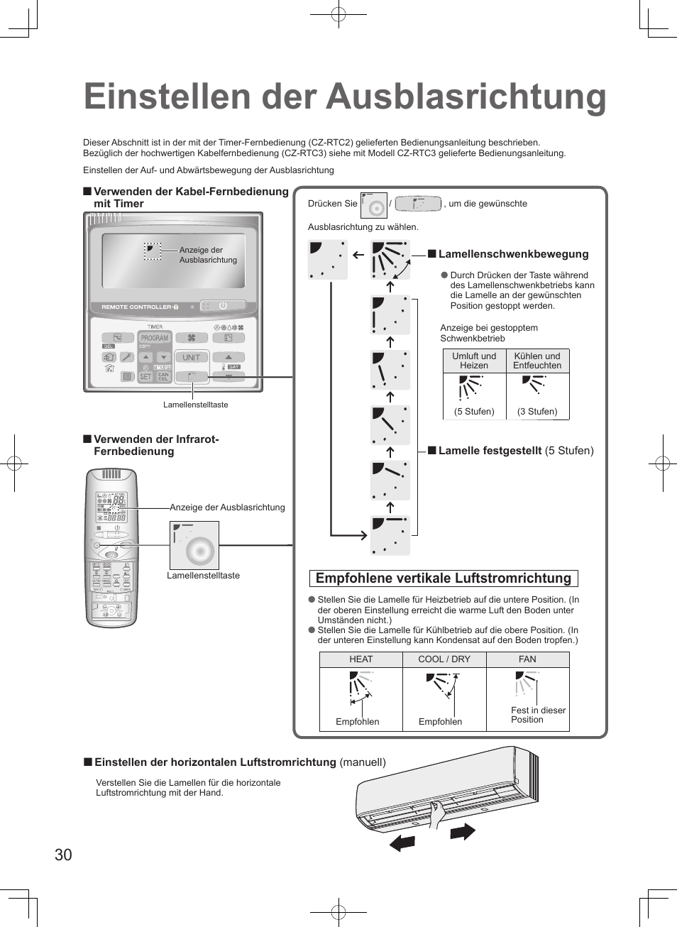 Einstellen der ausblasrichtung, Empfohlene vertikale luftstromrichtung | Panasonic S45MK1E5A User Manual | Page 30 / 102